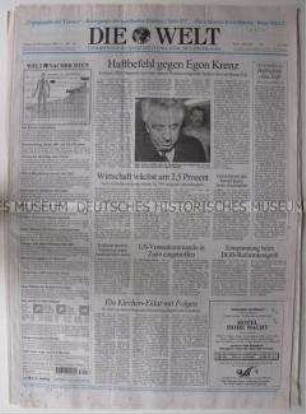 Tageszeitung "Die Welt" mit Leitartikel zum Haftbefehl von Egon Krenz; ferner ein Artikel zur Foto-Ausstellung von Klaus Lehnartz im DHM