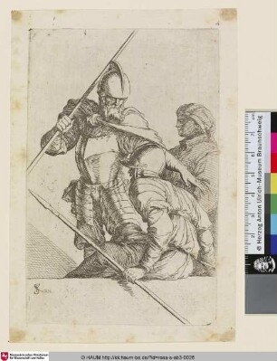 [Two warriors in armor with a figure wearing a turban behind them; Zwei Krieger in Rüstung, hinter denen eine Turban tragende Figur steht]