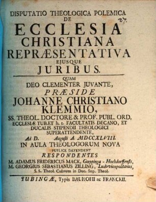 Disp. theol. polem. de ecclesia christiana repraesentativa eiusque iuribus