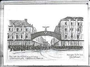 Buchner, Georg W.; München; Festdekoration zum Tag der Deutschen Kunst - Entwurf für Festdekoration für Odeonsplatz/Biennerstraße (Ansicht)