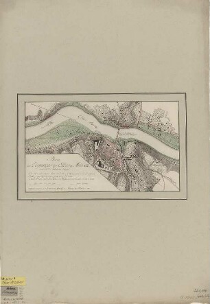 Stadtplan von Meißen, 1:9 000, Kupferstich, 1799 : Plan des Eisganges der Elbe bey Meissen am 24ten Februar 1799 / aufgenommen u. radirt vom ... Kühlemann.. - [Ca. 1:9 000]. - [S.l.] , 1799. - 1 Kt. : Kupferst. ; 28 x 17 cm