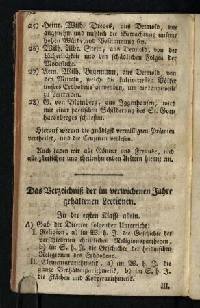 Das Verzeichniß der im verwichenen Jahre gehaltenen Lectionen
