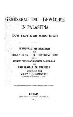 Gemüsebau und -Gewächse in Palästina zur Zeit der Mishnah / Salomonski, Martin