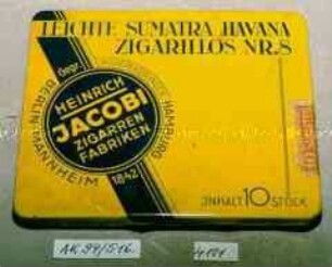 Blechdose für "LEICHTE SUMATRA HAVANA ZIGARILLOS NR.8 HEINRICH JACOBI ZIGARREN FABRIKEN INHALT 10 STÜCK"