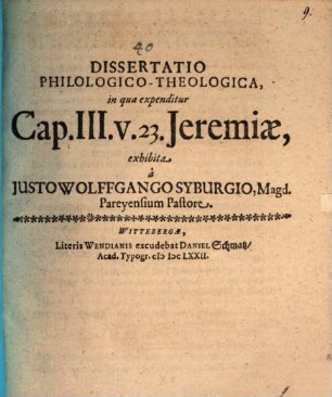 Dissertatio Philologico-Theologica, in qua expenditur Cap. III. v. 23. Jeremiae