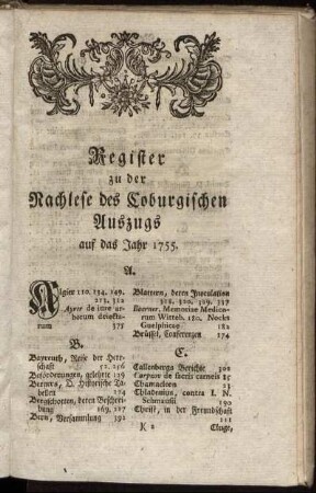 Register zu der Nachlese des Coburgischen Auszugs auf das Jahr 1755.