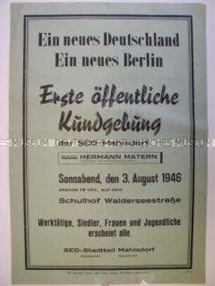 Maueranschlag mit Ankündigung der ersten Kundgebung der SED-Mahlsdorf