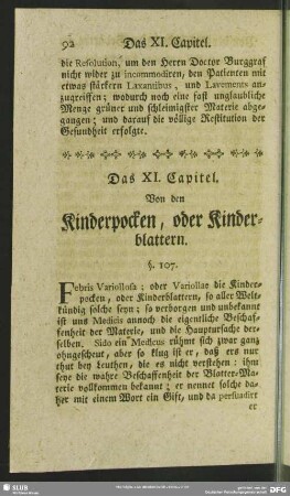 Das XI. Capitel. Von den Kinderpocken, oder Kinderblattern