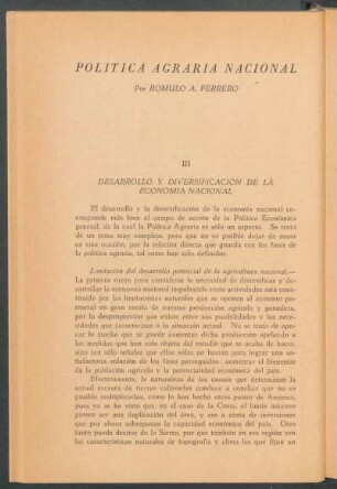 Política Agraria Nacional : III - Desarrollo y diversificación de la economía nacional