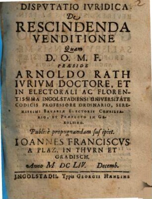 Dispvtatio Ivridica De Rescindenda Venditione