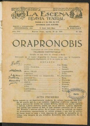 Orapronobis : caricatura en tres actos breves ; basada en una obra de Arnold y Bach