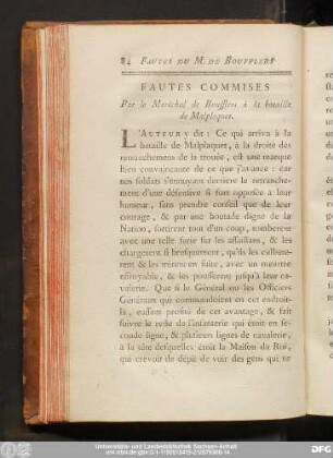 Fautes Commises Par le Maréchal de Boufflers à la bataille de Malplaquet.