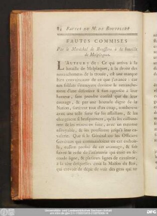 Fautes Commises Par le Maréchal de Boufflers à la bataille de Malplaquet.