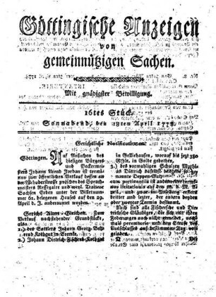 16tes Stück. Sonnabend, den 18ten April 1778.