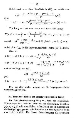 21. Singuläre Stellen der hypergeometrischen Reihe.