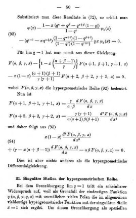 21. Singuläre Stellen der hypergeometrischen Reihe.