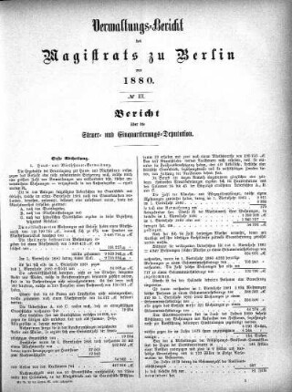 No. III. Bericht über die Steuer- und Einquartierungs-Deputation