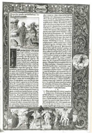 Biblia latina, 1479 (sogenannte Jenson-Bibel) : Biblia latina, 1479 (sogenannte Jenson-Bibel). Druck von N. Jenson, 1479. Textseite und Illustration zur "Genesis". Buchdruck, Buchmalerei; 18 x 11,5 cm (Blattgröße). Dresden: SLUB Ink.2876.2