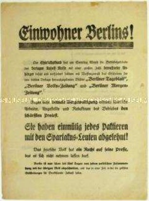 Protest der Mitarbeiter des Mosse-Verlages gegen dessen Besetzung im Zuge des Januaraufstandes 1919