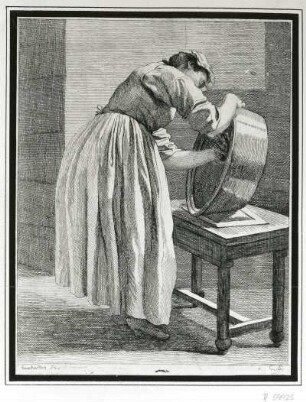 Eine Magd, Töpfe scheuernd : Caylus, Anne Claude Philippe de  nach Bouchardon, Edme. L'Ecureuse (Eine Magd, Töpfe scheuernd). Kupferstich; 23,3 x 18,1 cm. Dresden: Kupferstich-Kabinett A 59 925 in A 592, 1 (Klebeband)