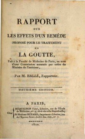 Rapport sur les effets d'un remède proposé pour le traitement de la Goutte