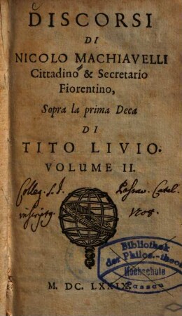 Discorsi di Nicolo Machiavelli ... sopra la prima deca di Tito Livio .... 2