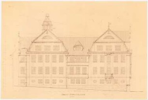 Wohn- und Geschäftshaus Breite Straße 1 - 5, Lübeck: Aufriss Ansicht zum Jacobi-Friedhof 1:100; Vertikalschnitt und Teilhorizontalschnitt der Fassade 1:100