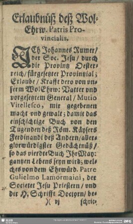Erlaubnüß deß Wol-Ehrw. Patris Provincialis