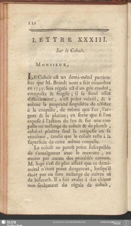 Lettre XXXIII. Sur le Cobalt