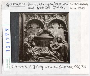 Güstrow, Dom: Levitenstuhl, Wangenfeld: Geburt Christi. Um 1430