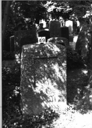 Grabstein 49 (Index: 100085014) Zustand: Schriftplatte entfernt Maße HxBxT: 130x70x40 cm Beschreibung: Stele, Segmentbogenabschluß, Schriftplatte, rechteckig: Grabstein 49