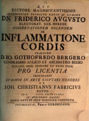 Diss. sol. de inflammatione cordis