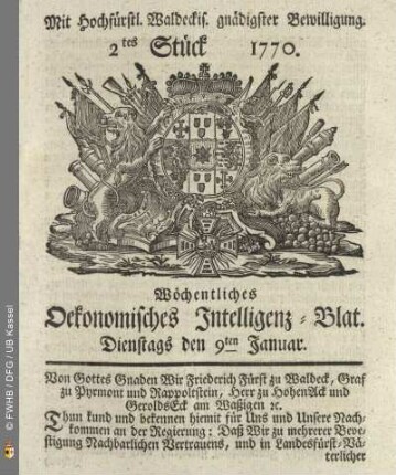 2tes Stueck, Dienstags den 9ten Januar 1770