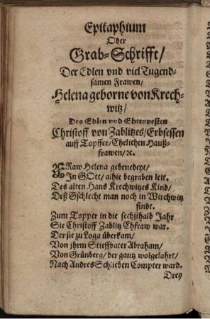 Epitaphium Oder Grab-Schrifft/ Der ... Frawen/ Helena geborne von Krechwitz ...