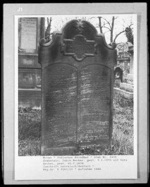 Grabstein des Jakob Becher (gestorben 1878.01.03) und der Sara Becher (gestorben 1878.07.30)