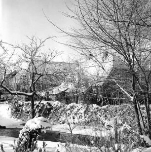 Trave: dahinter Hecken, Bäume und Sträucher: hinten Häuser des Heiligengeistviertels: Winter