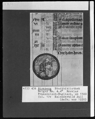 Breviar — Kalenderseite Juli mit Monatsbild, Folio 12verso