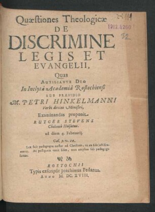Quaestiones Theologicae De Discrimine Legis Et Evangelii