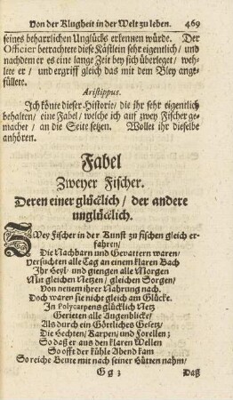 Fabel Zweyer Fischer. Deren einer glücklich / der andere unglücklich.