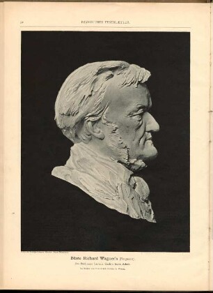 Büste Richard Wagner (1813-1883; Komponist) von Lorenz Gedon, München 1880-1883. Autotypische Reproduktion einer Fotografie des Gipsmodell-Fragments um 1882. 39 x 28,5 cm, Bildspiegel 30 x 23 cm. Seite 32 in: Bayreuther Festblätter in Wort und Bild, 1884-1886. München: Verlag der Autotype-Company München 1886. Dresden: SLUB MB.2.48
