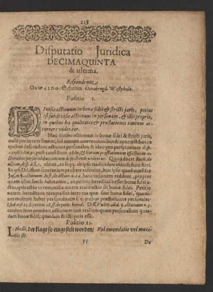 Disputatio Iuridica Decimaquinta & ultima. Respondente Oswaldo Schulten Osnabruga-Westphalo.