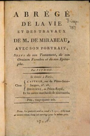 Abrégé de la Vie et des travaux de Mirabeau
