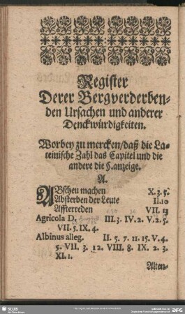 Register Derer Bergverderbenden Ursachen und anderer Denckwürdigkeiten