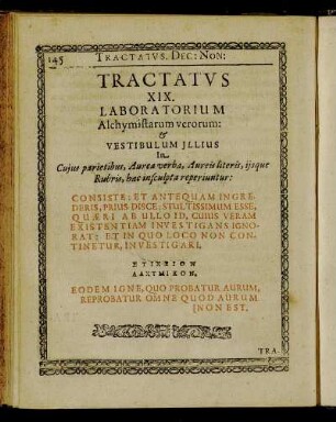 Tractatus XIX. Laboratorium Alchymistarum verorum