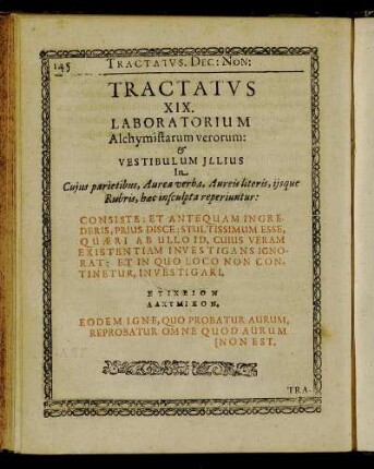 Tractatus XIX. Laboratorium Alchymistarum verorum