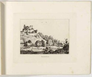 Die Burgruine in Frauenstein im Erzgebirge von Süden, rechts die Kapelle im Friedhof am Ende der Hospitalgasse (ältestes Gebäude Frauensteins von 1384); Blatt 6 aus Zehn Ansichten merkwürdiger Gegenden in Sachsen von Ludwig Richter