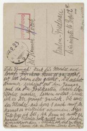 Merz-Postkarte von Kurt Schwitters an Hannah Höch mit Abbildung: "Kurt Schwitters. Bild rot Herz-Kirche". [o. O.] , hs.