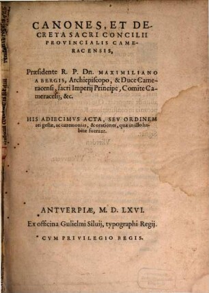 Canones et Decreta Sacri Concilii provincialis Cameracensis : His adiecimus Acta concilii provincialis Cameracensis