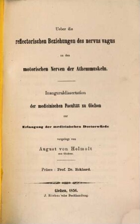 Ueber die reflectorischen Beziehungen des nervus vagus zu den motorischen Nerven der Athemmuskel : Inauguraldissertation