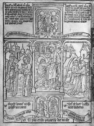 Blockbuchausgabe der Biblia pauperum : Besuch des Engels bei Gideon, Der ungläubige Thomas, Jakobs Kampf mit dem Engel (Seite 33) aus: Blockbuchausgabe der Biblia pauperum. Dresden: SLUB Mscr.Dresd.g.152.d
